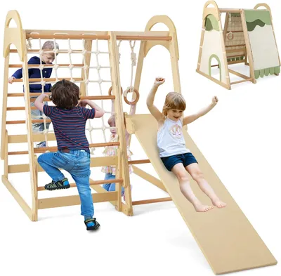 Image de COSTWAY Ensemble de jeux d'escalade 6 en 1, structure d'escalade d'intérieur avec tente, toboggan, anneaux de gymnastique, filet d'escalade et échelle d'escalade, pour enfants et tout-petits à partir de 3 ans