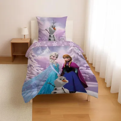 A Disney Frozen themed duvet cover and pillowcase set displayed on a bed in a bedroom.