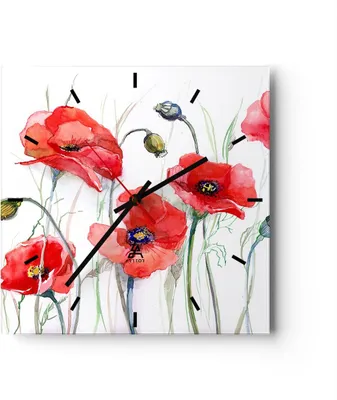 Produktbild von Wanduhr - Quadrat - Glasuhr - Blume Mohn Wiese - 30x30cm - Schleichendes Uhrwerk - Lautlos - zum Aufhängen bereit - Dekoration Modern - Wanddekoration aus Glas - C3AC30x30-3584