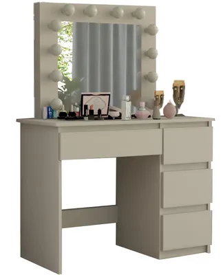 A vanity table with a mirror and LED lights, decorated with makeup and decorative items.