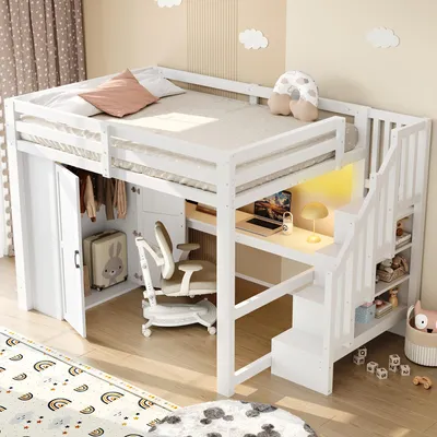 Image de OKWISH Lit Mezzanine 140x200 cm - Lit Adulte avec Bureau et Armoire, Escalier de Rangement, LED et USB - sans Matelas - Blanc