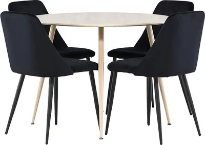 Image de Plaza ensemble pour salle à manger table Ø100cm et 4 chaises velours whitewash.
