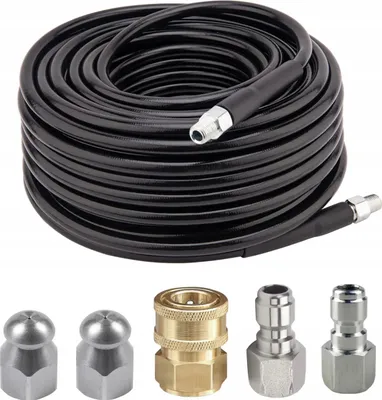 Immagine prodotto di Rosfix Set MultiConnect 15M - Tubo Flessibile per la Pulizia dei Tubi 1/4" 155 bar, 2 Ugelli per Fognatura, 3 Adattatori | 15 m | 529 bar Max | 60°C