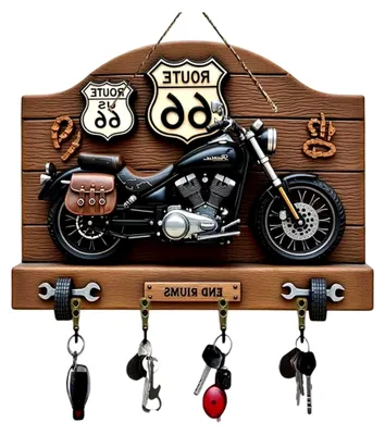 Produktbild von Retro Motorrad Schlüsselbrett aus Holz, Buntes 2D Schlüsselbrett für Flur & Bauernhaus-Stil, Praktisches Schlüsselboard, Universelle Schlüsselablage, 30×23×0.3cm
