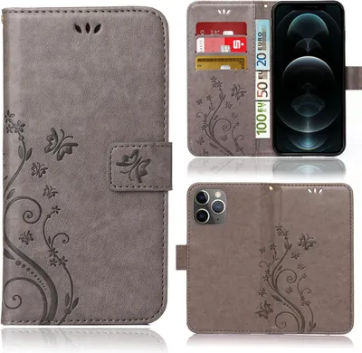 A collage of images showing a gray flip phone case with a floral and butterfly design for an Apple iPhone 13 Pro Max, including views of the case open with cards and cash, and the back of the case with the camera cutout.