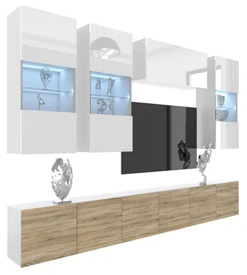 Produktbild von BELINI Wohnwand MILANO 5 Wohnzimmer 300 cm - Weiß/Sonoma Eiche, Moderne Schrankwand Set, Anbauwand TV-Schrank Griffloses System