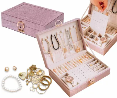 Imagen del producto de Caja de joyería para mujer Peterson, color rosa, de tela, con dimensiones de 23x17x7 cm