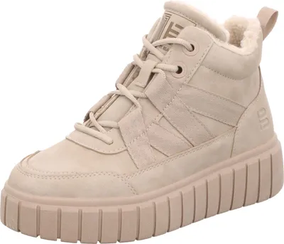 A single beige women's boot is shown from a side-angle on a white background.