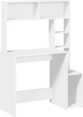 A white desk with shelves attached to the top and side.