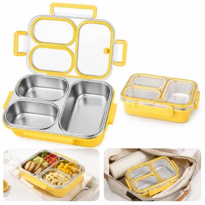 Produktbild von Bento Lunchbox, Edelstahl Brotdose mit 3 Fächern & dichtem Ring, auslaufsicher für Kinder & Erwachsene, spülmaschinenfest, 800ml
