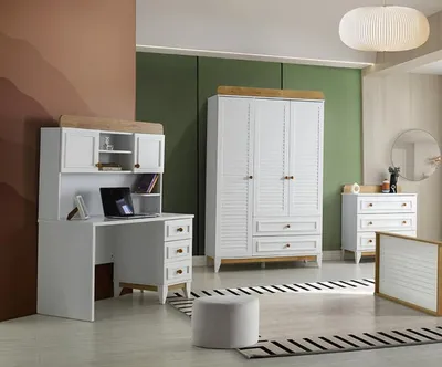 Produktbild von Schreibtisch Kleiderschrank und Kommode Set Kinderzimmer Schlafzimmer