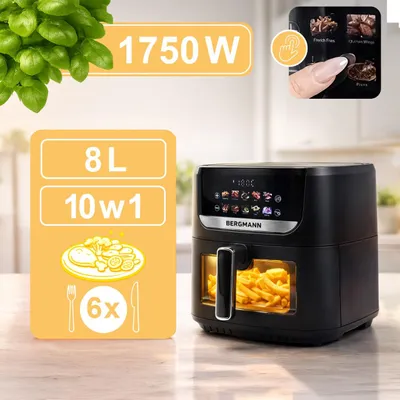 Immagine prodotto di Friggitrice senza olio Airfryer ad aria calda BERGMANN YI una camera dieci programmi pannello LED capacità 8 l potenza 1750 W in più un ricettario