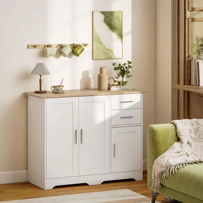 Zdjęcie produktu dla Komoda biała, nowoczesny skandynawski design, wykonana z płyty drewnopodobnej, z 3 drzwiczkami i 2 szufladami, szafka do salonu, naturalny wygląd, wymiary: 100x40x78 cm