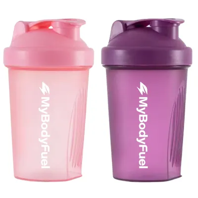 Produktbild von MyBodyFuel Shake Becher (2er Set) – Protein Shaker mit Mixfilter, 400 ml, BPA-frei – Für Smoothies & Proteinshakes (Rosa/Lila)