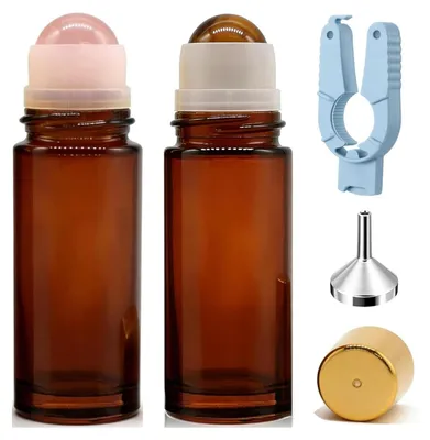 Produktbild von Solidchoice – 2 Roll-on-Flaschen à 50 ml, braunes Glas, mit Rosenquarz- und Tigerauge-Roller