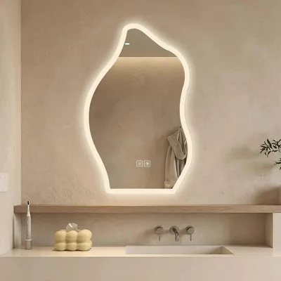 Produktbild von AIORBER LED Badspiegel Unregelmäßig Touch Anti-Beschlag 3 Lichtfarben Dimmbar Wandspiegel Design Asymmetrisch Badezimmerspiegel, 50x70 cm, Silber