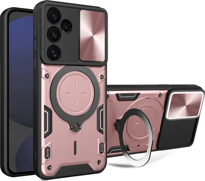 Immagine prodotto di Custodia per Samsung Galaxy S24 FE a doppio strato con copertura della fotocamera e supporto ad anello Rosa
