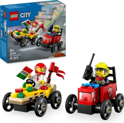 Produktbild von LEGO City Pizzalieferwagen vs. Löschauto - Seifenkisten Spielzeug für Mädchen und Jungen ab 5 Jahren - Bauset mit 2 Fahrer Minifiguren - Geschenk zum Geburtstag & für die Feiertage 60458