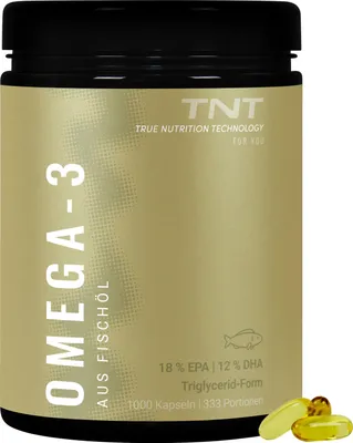 A product shot of a bottle of Omega-3 fish oil capsules.