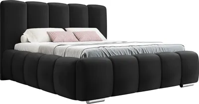 A black upholstered bed with a headboard and footboard, shown against a white background.