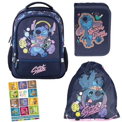 Produktbild von Schulranzen für Jungen und Mädchen - Schul-Rucksack für Kinder mit Federmäppchen - Schuhbeutel - Brotdose - Trinkflasche Lilo und Stitch