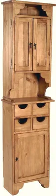 A tall, narrow wooden cabinet with doors and drawers, standing against a white background.