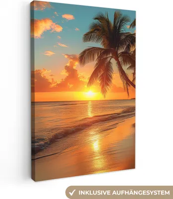 Produktbild von MuchoWow® - Leinwandbilder - Sonnenuntergang - Strand - Palmen - Meer - Sonne, Wandbild, Wanddeko Bilder Wohnzimmer, 80x120 cm