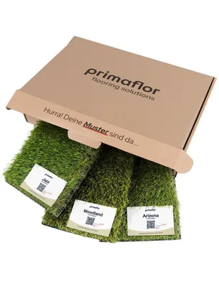 Produktbild von Primaflor Muster-Box Primaflor Kunstrasen - BASIC - 3 Muster je 15x20cm - UV beständiger, wasserdurchlässiger Primaflor Kunstrasen für Terrasse, Garten & Balkon