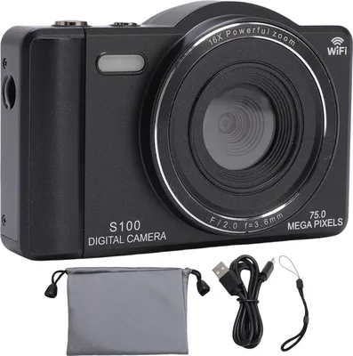 Image de appareil photo numérique 4K, 75 MP, WLAN, Vlog avec zoom 16x, flash intégré, double objectif, autofocus selfie pour la photographie de voyage, noir, 64 Go
