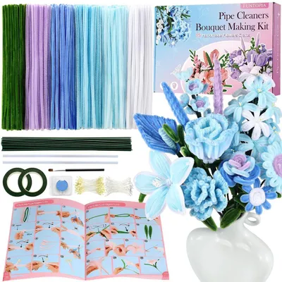 Produktbild von Pfeifenreiniger Blumen Set 540 Stück Bastelset mit 15 Designs Blau inkl. Zubehör