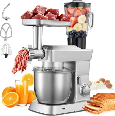 Produktbild von Küchenmaschine - Knetmaschine - Leistung 1300 W - Edelstahlschüssel 4,3 L - Mixeraufsatz 1,5 L - Sechs Stufen + Puls - Knethaken/Schneebesen/Rührbesen