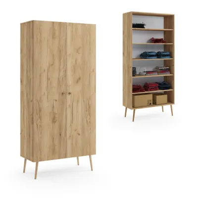 Produktbild von Kleiderschrank 87 cm Eiche Craft mit Einlegeböden Holzbeine Boho Skandi Schrank modern