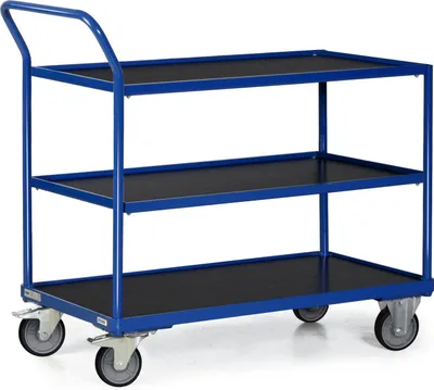 Produktbild von Bako Logistiksysteme Tischwagen F300 mit Bordkante 3 Ladeflächen und schräg abgewinkeltem Schiebegriff 850x500mm