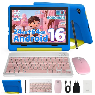 Produktbild von JENBIZZ Kinder Tablet 10,1 Zoll, 24GB+64GB, Android 16 mit Kindgerechte Hš¹lle und Tastatur, 6000mAh, WiFi 6
