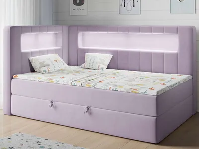 Produktbild von Polsterbett 90x200, Kinderbett mit LED, Matratze und Topper - JUNIOR-GOLD-3 - Violet - Linke Seite