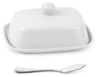 Productafbeelding van Witte Ceramische Boterdish met Deksel en Botermes