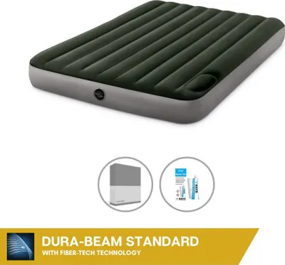 Produktbild von Intex Luftbett - 2 Personen - 152 x 203 x 25 cm - Grün - Mit eingebauter Fußpumpe + Spannbettlaken Anthrazit + Reperaturset