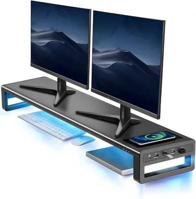 Produktbild von Doppelter Monitorständer mit Wireless Ladefunktion und 4 USB Anschlüssen Schwarz
