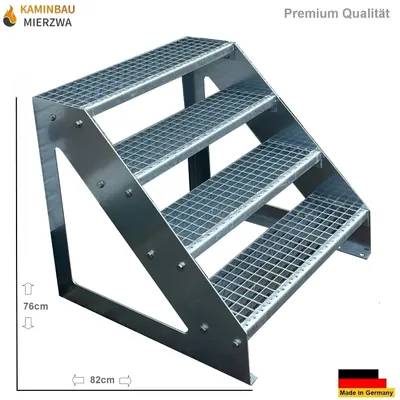A galvanized steel staircase with four steps, shown from a diagonal angle against a white background.
