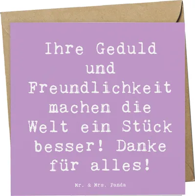 Produktbild von Mr. & Mrs. Panda Klappkarte Spruch Erzieher-Dank - Lavendeltraum - Geschenk, anlasskarte, Fürsorge, Geduld und Güte, Aufmerksamkeit, faltkarte, Danke, sagen, Grußkarte