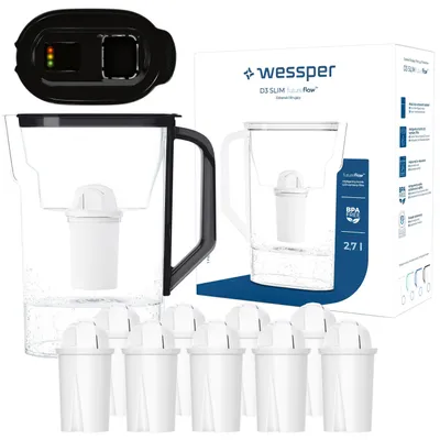 Immagine prodotto di Caraffa filtrante Wessper D3 SLIM FutureFlow™ da 2,7 litri, colore nero, con indicatore di sostituzione del filtro e 10 cartucce filtranti Aquaclassic
