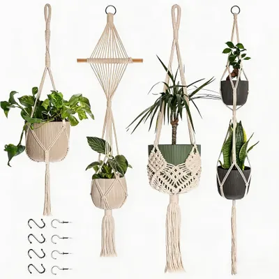 Productafbeelding van Macramé Plantenhangers, Set Van 4 Met Metalen Haken Voor Binnen En Buiten