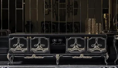 Zdjęcie produktu dla Casa Padrino luksusowa szafka TV w stylu barokowym czarny / złoty - Wspaniały salon kredens z 4 drzwi - Meble w stylu barokowym salon