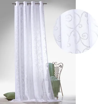 Produktbild von heimtexland Ösenschal Ranken Stickerei Leinen Optik Vorhang halbtransparent Gardine mit Ösen weiß Typ895 HxB 225x140 cm