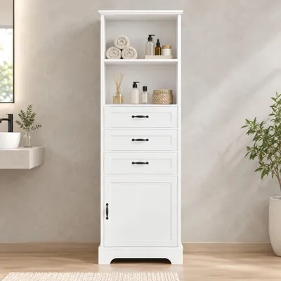 Produktbild von Badezimmerschrank Hochschrank 56 x 25,6 x 167 cm,Badschrank mit 3 Schubladen,2 offenen Fächern und Tür,Verstellbarem Einlegeboden,MDF,Weiß