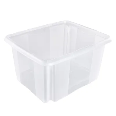 A clear, studio shot of an empty, transparent plastic storage box against a white background.