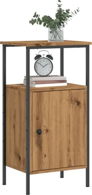 A wooden nightstand with a metal frame, a drawer, and a clock on top.