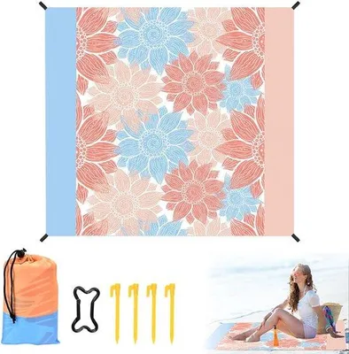 Produktbild von Famanu Stranddecke 210 x 200 cm - Wasserfest und sandabweisend - Tragbare Picknickdecke mit 4 Heringen