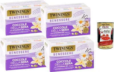 Produktbild von Italian Gourmet Kräutertee Coccole della Sera mit Vitamin B3 – 4 x 18 Teebeutel (108 g), aromatisierter Aufguss mit Vanille, Kamille & Chicoréewurzel, koffeinfrei + Italian Gourmet Polpa
