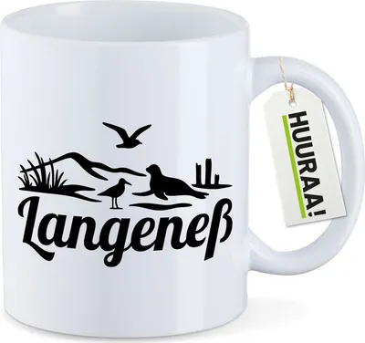 Produktbild von Huuraa Kaffeetasse Langeneß Strandmotiv 330ml Weiß Keramik Kaffeebecher Geschenkidee